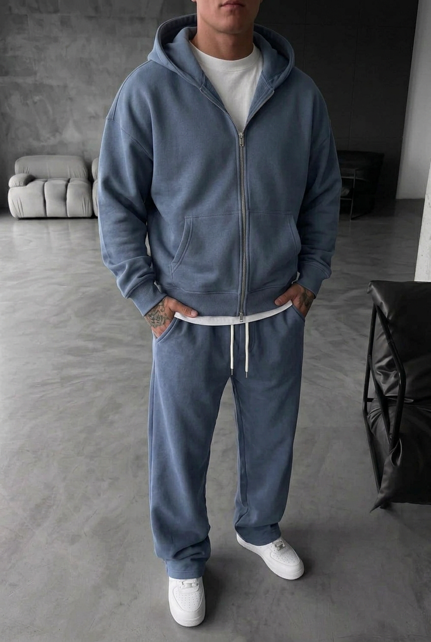 Oversized Double-Zip Sweatshirt Jacket and Baggy Joggers Set with Inner Lining – Blue