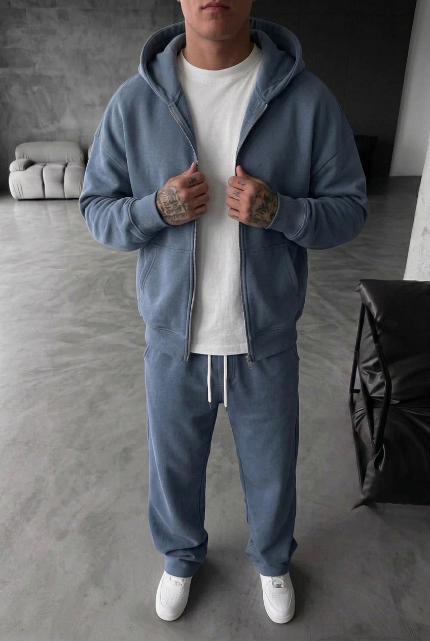 Oversized Double-Zip Sweatshirt Jacket and Baggy Joggers Set with Inner Lining – Blue