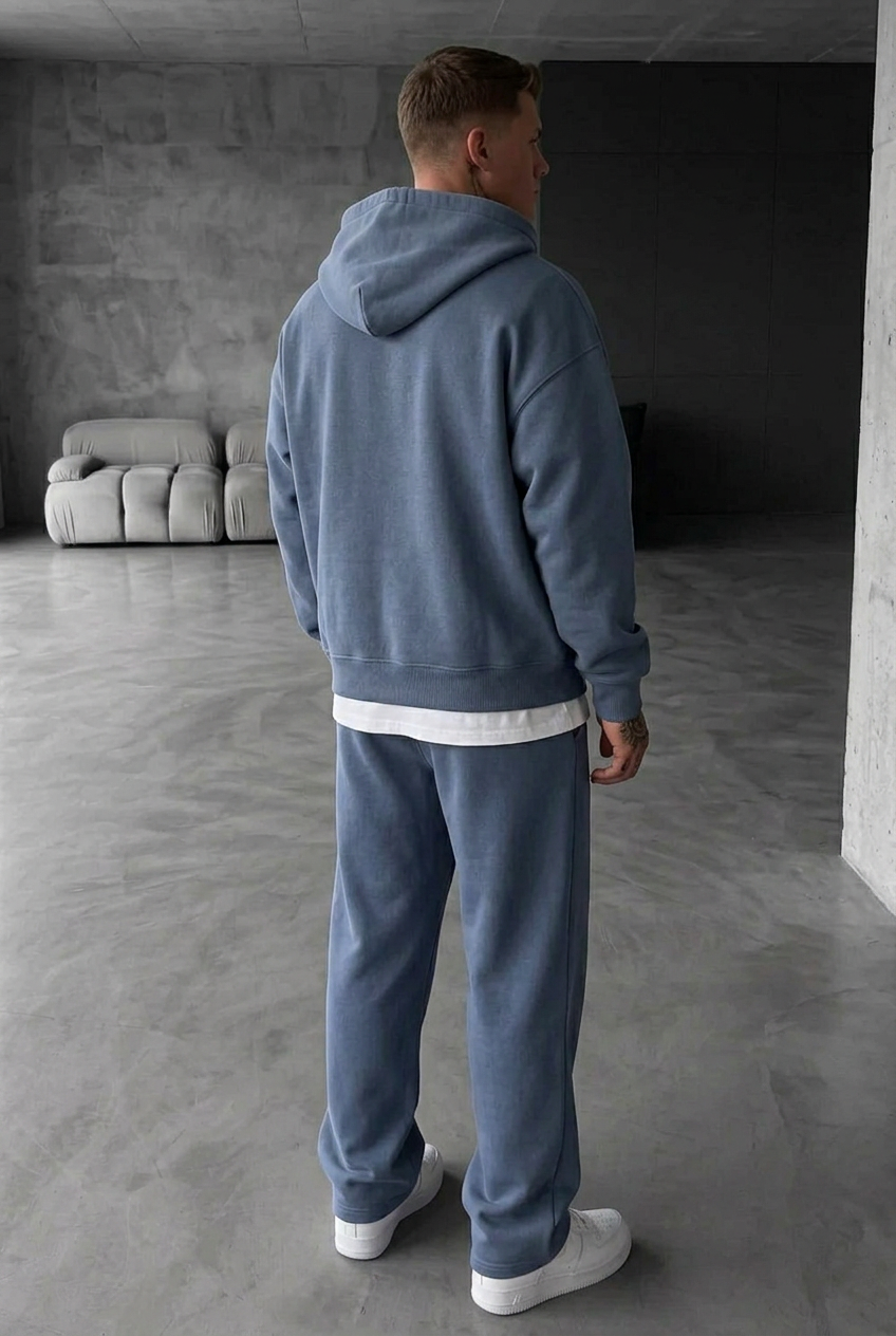 Oversized Double-Zip Sweatshirt Jacket and Baggy Joggers Set with Inner Lining – Blue