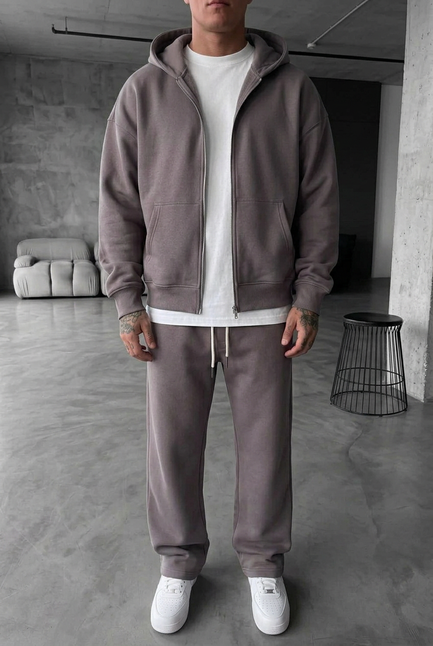 Oversized Double-Zip Sweatshirt Jacket and Baggy Joggers Set with Inner Lining – Mink Brown