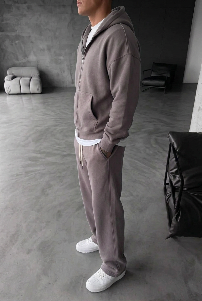 Oversized Double-Zip Sweatshirt Jacket and Baggy Joggers Set with Inner Lining – Mink Brown