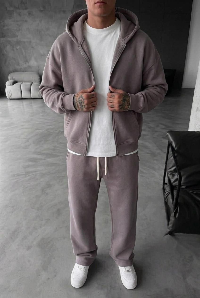 Oversized Double-Zip Sweatshirt Jacket and Baggy Joggers Set with Inner Lining – Mink Brown