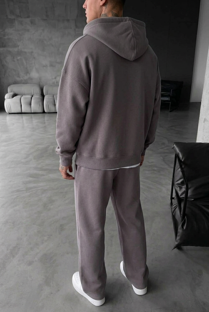 Oversized Double-Zip Sweatshirt Jacket and Baggy Joggers Set with Inner Lining – Mink Brown