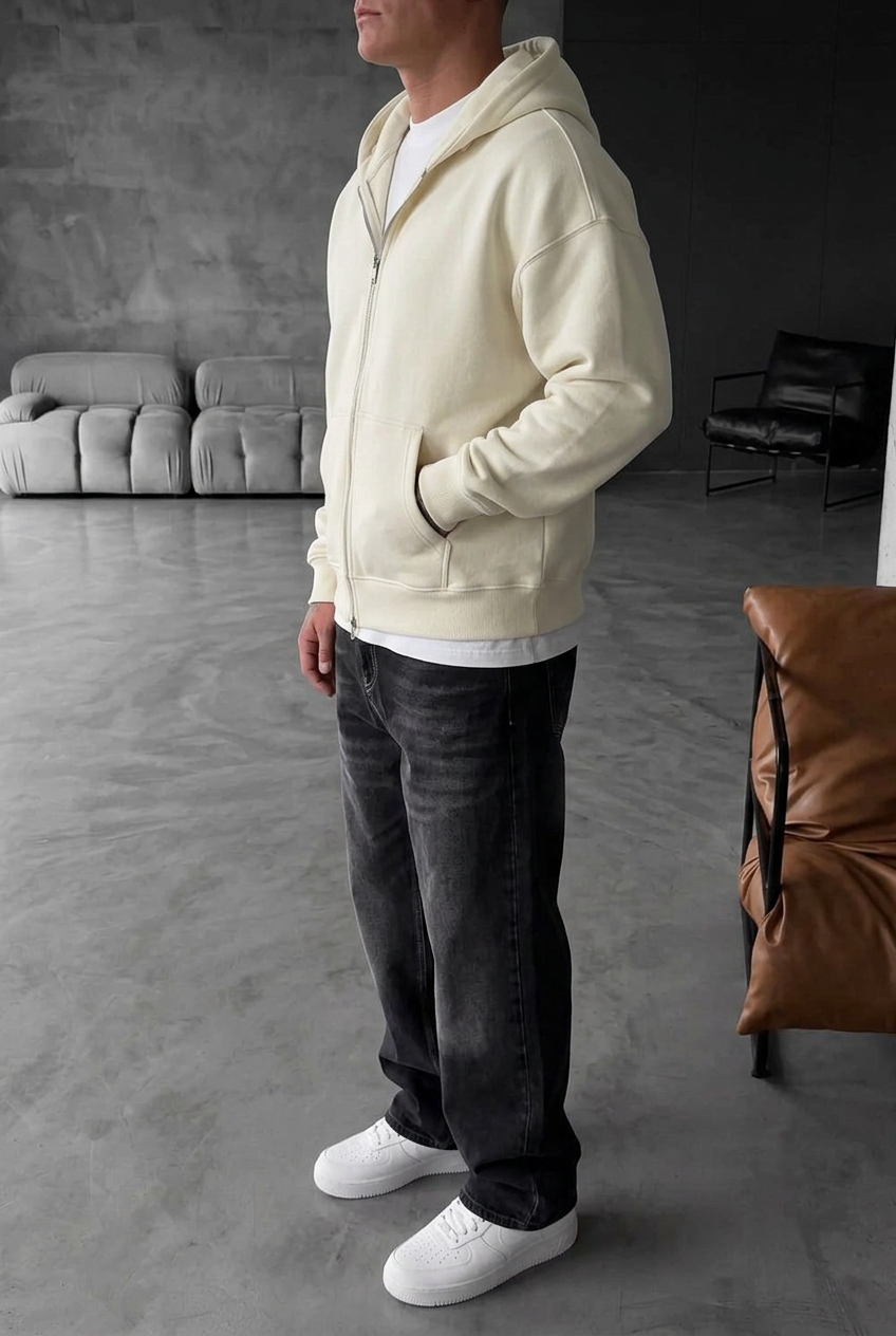 Oversized Zip-Up Sweatshirt Jacket with Double Zip and Inner Lining – White