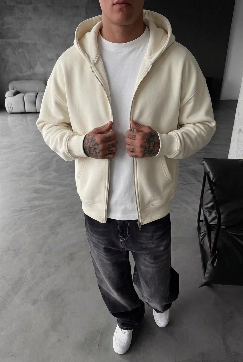 Oversized Zip-Up Sweatshirt Jacket with Double Zip and Inner Lining – White