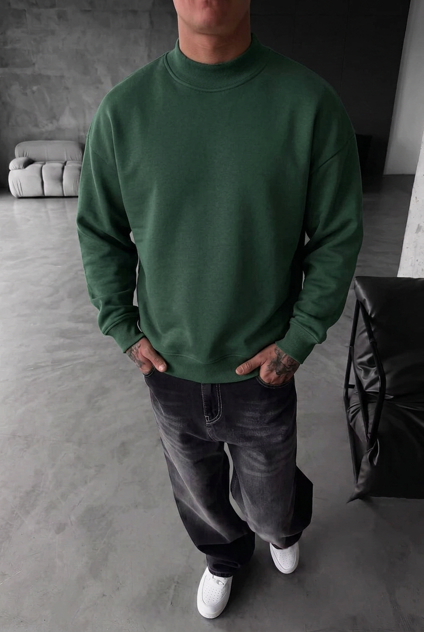 Oversized Fit Mock Neck Sweatshirt – Green
