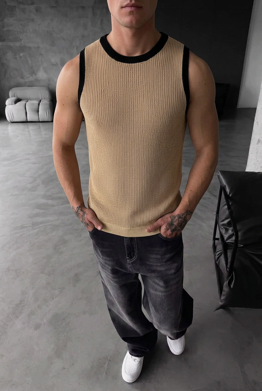 Urban Contrast Studio Sleeveless Knit Top – Beige