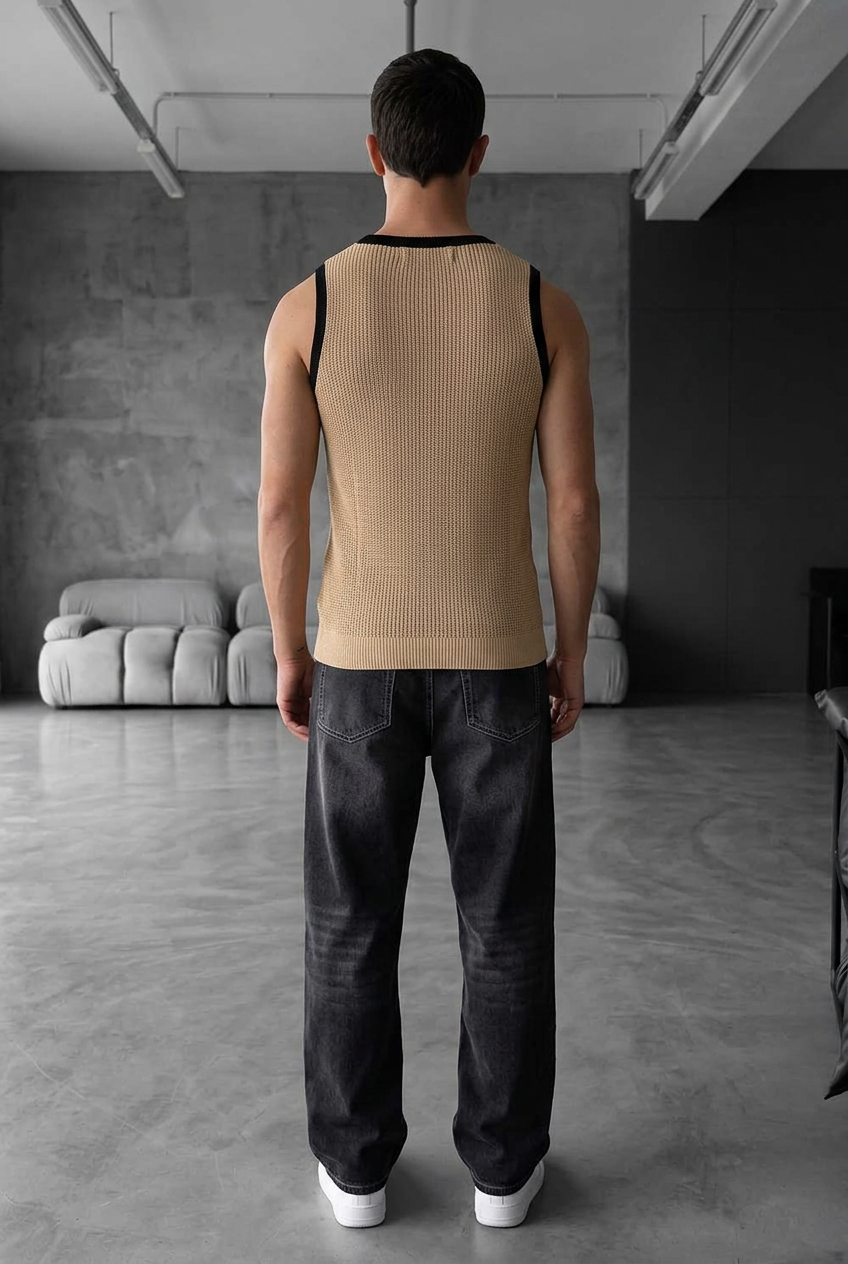 Urban Contrast Studio Sleeveless Knit Top – Beige