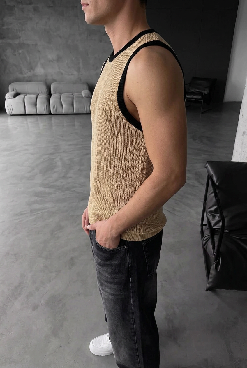 Urban Contrast Studio Sleeveless Knit Top – Beige