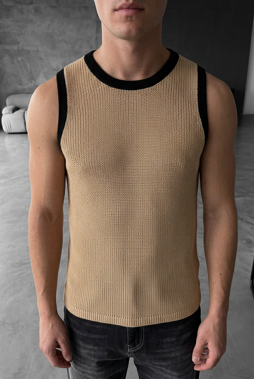 Urban Contrast Studio Sleeveless Knit Top – Beige