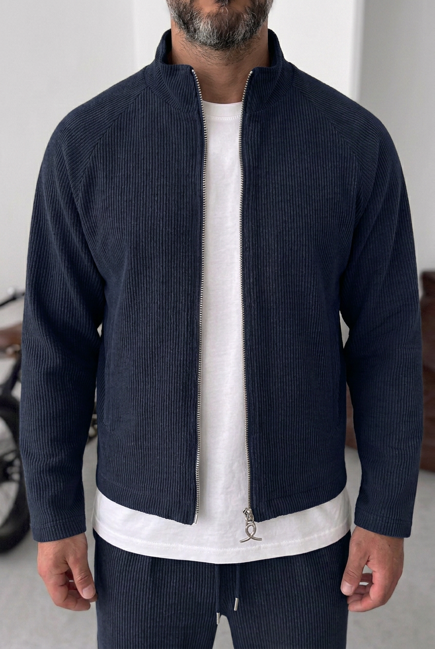 Ανδρικό Crop Jacket με Ανάγλυφη Ριμπ Πλεκτή Υφή & Φερμουάρ – Μπλε Navy