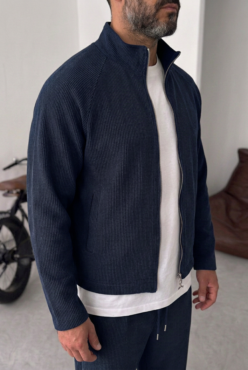 Ανδρικό Crop Jacket με Ανάγλυφη Ριμπ Πλεκτή Υφή & Φερμουάρ – Μπλε Navy