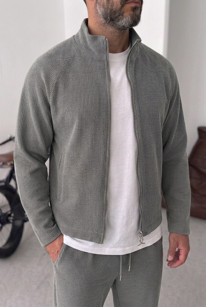 Ανδρικό Crop Jacket με Ανάγλυφη Ριμπ Πλεκτή Υφή & Φερμουάρ – Γκρι