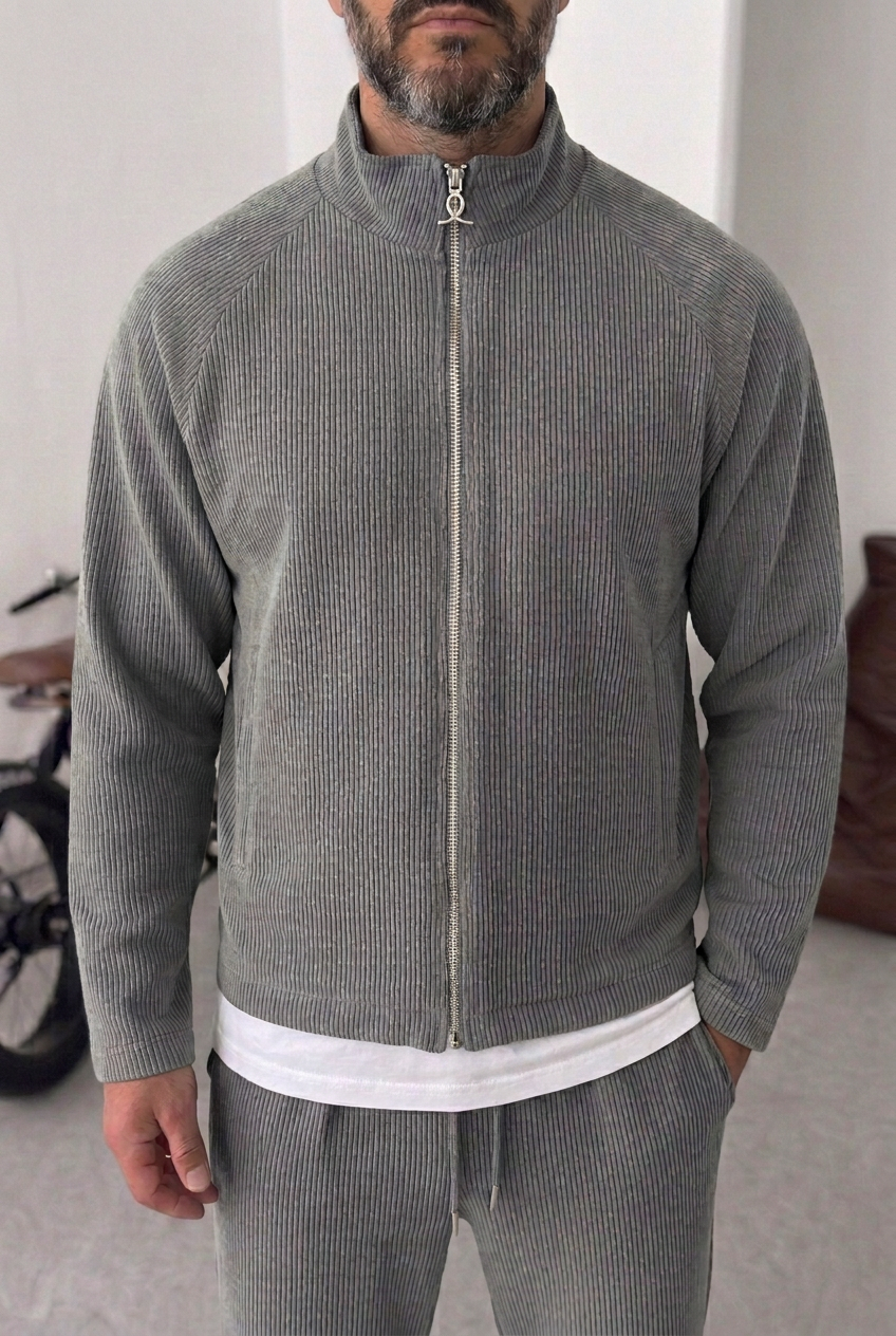 Ανδρικό Crop Jacket με Ανάγλυφη Ριμπ Πλεκτή Υφή & Φερμουάρ – Γκρι