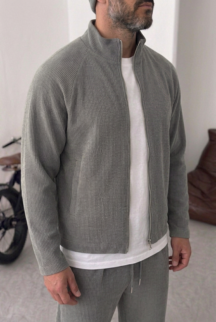 Ανδρικό Crop Jacket με Ανάγλυφη Ριμπ Πλεκτή Υφή & Φερμουάρ – Γκρι