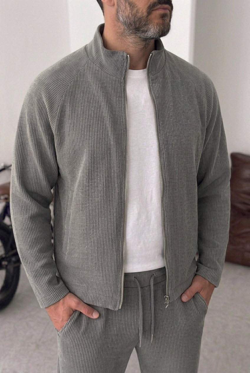 Ανδρικό Crop Jacket με Ανάγλυφη Ριμπ Πλεκτή Υφή & Φερμουάρ – Γκρι