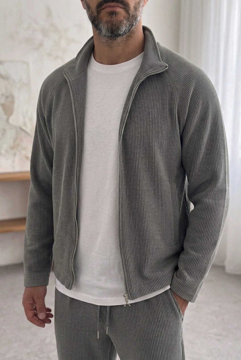 Ανδρικό Crop Jacket με Ανάγλυφη Ριμπ Πλεκτή Υφή & Φερμουάρ – Γκρι