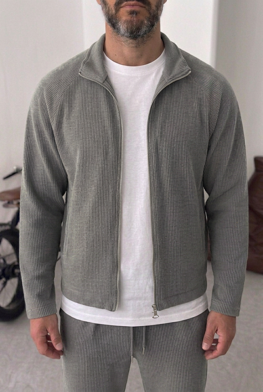 Ανδρικό Crop Jacket με Ανάγλυφη Ριμπ Πλεκτή Υφή & Φερμουάρ – Γκρι