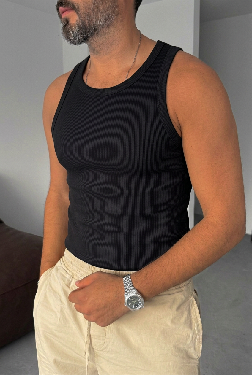 Ανδρικό Αμάνικο Φανελάκι Rib Slim Fit – Μαύρο