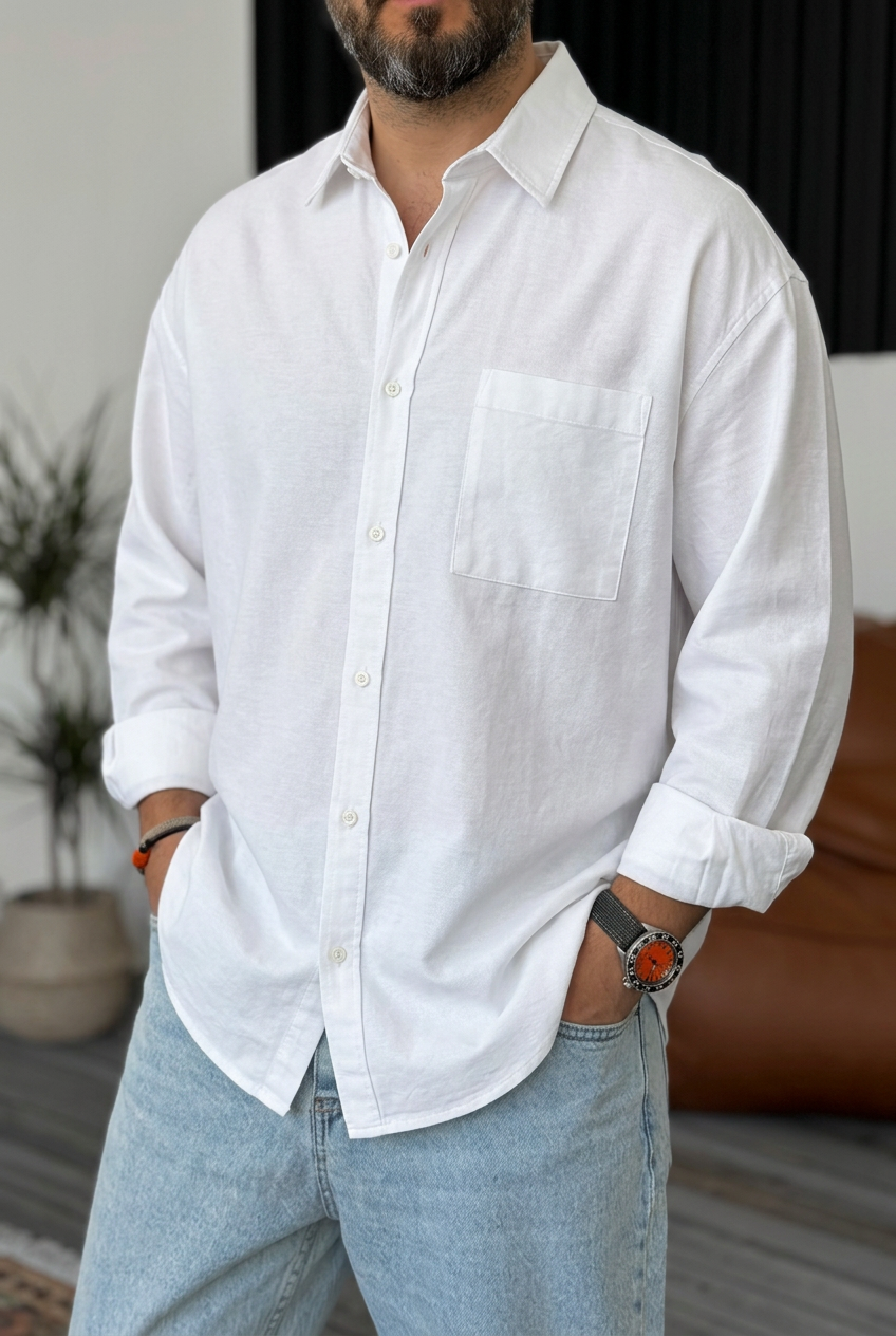 Ανδρικό Πουκάμισο Oxford Oversized 100% Βαμβακερό – Λευκό