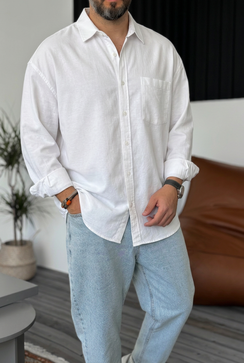 Ανδρικό Πουκάμισο Oxford Oversized 100% Βαμβακερό – Λευκό