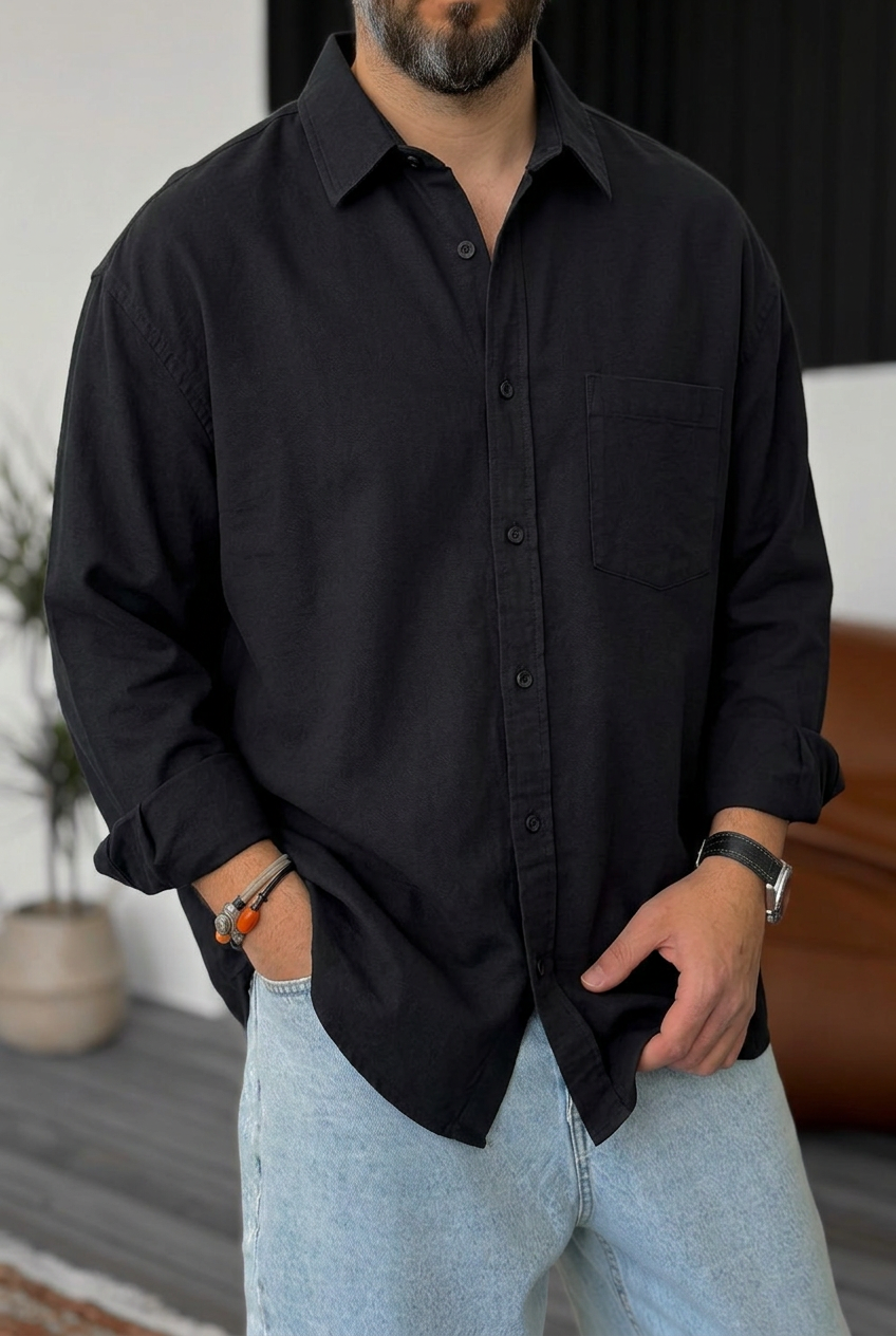 Ανδρικό Πουκάμισο Oxford Oversized 100% Βαμβακερό – Μαύρο