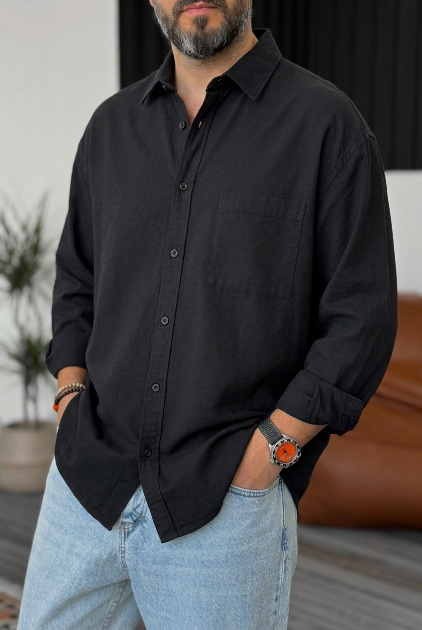 Ανδρικό Πουκάμισο Oxford Oversized 100% Βαμβακερό – Μαύρο