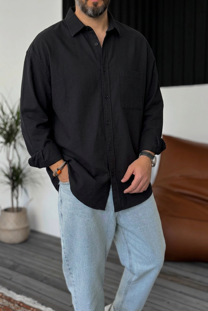 Ανδρικό Πουκάμισο Oxford Oversized 100% Βαμβακερό – Μαύρο