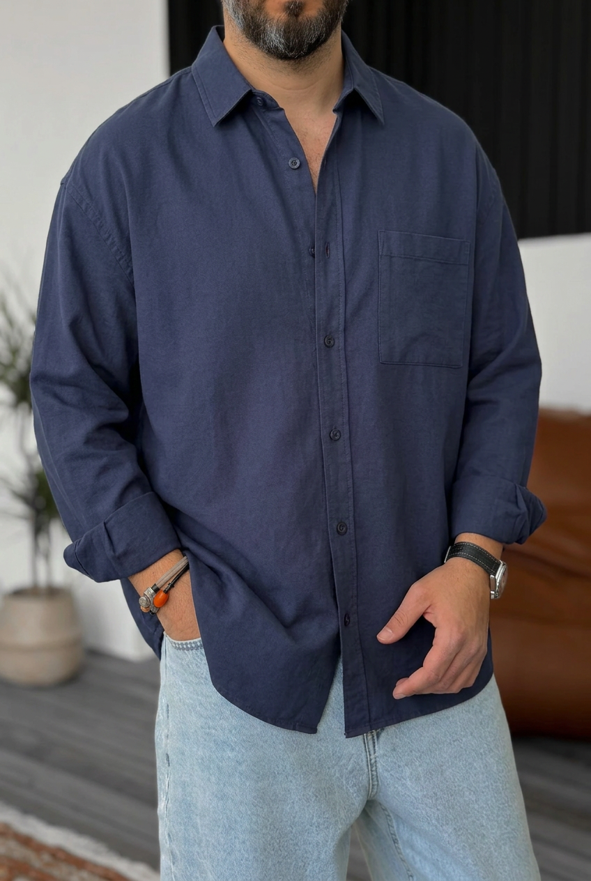 Ανδρικό Πουκάμισο Oxford Oversized 100% Βαμβακερό – Σκούρο Μπλε