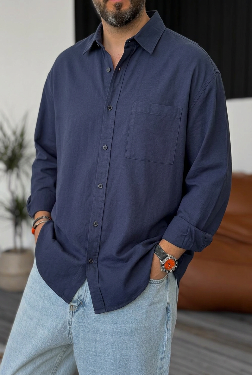 Ανδρικό Πουκάμισο Oxford Oversized 100% Βαμβακερό – Σκούρο Μπλε