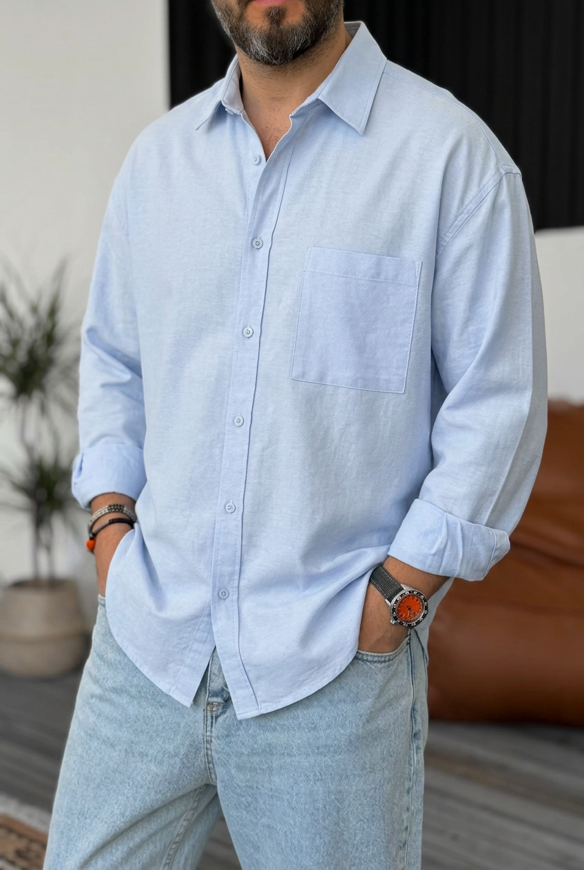 Ανδρικό Πουκάμισο Oxford Oversized 100% Βαμβακερό – Γαλάζιο