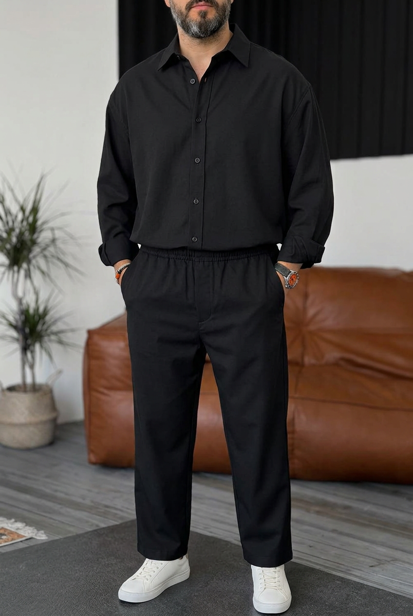 Ανδρικό Σετ Gabardine Oversized με Πουκάμισο & Παντελόνι –Μαύρο