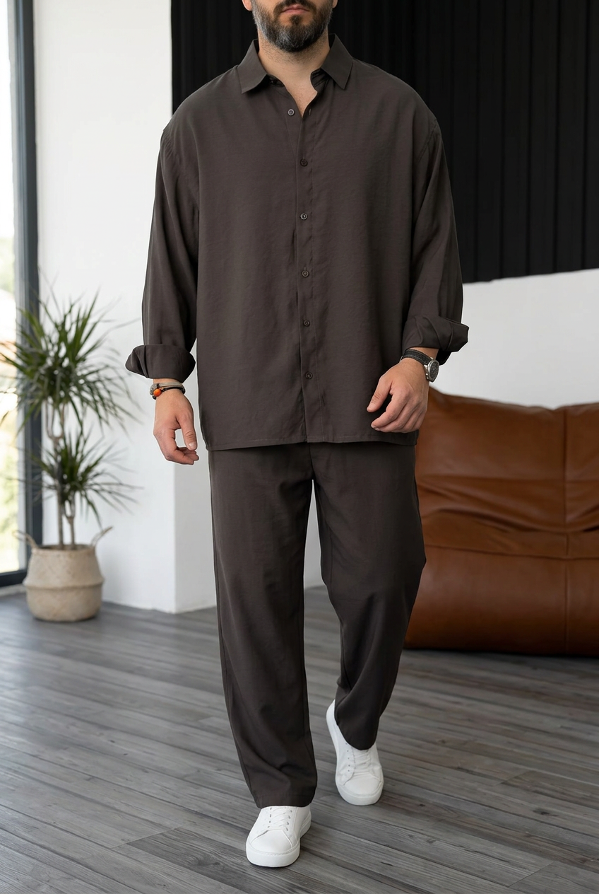 Ανδρικό Σετ Gabardine Oversized με Πουκάμισο & Παντελόνι – Καφέ