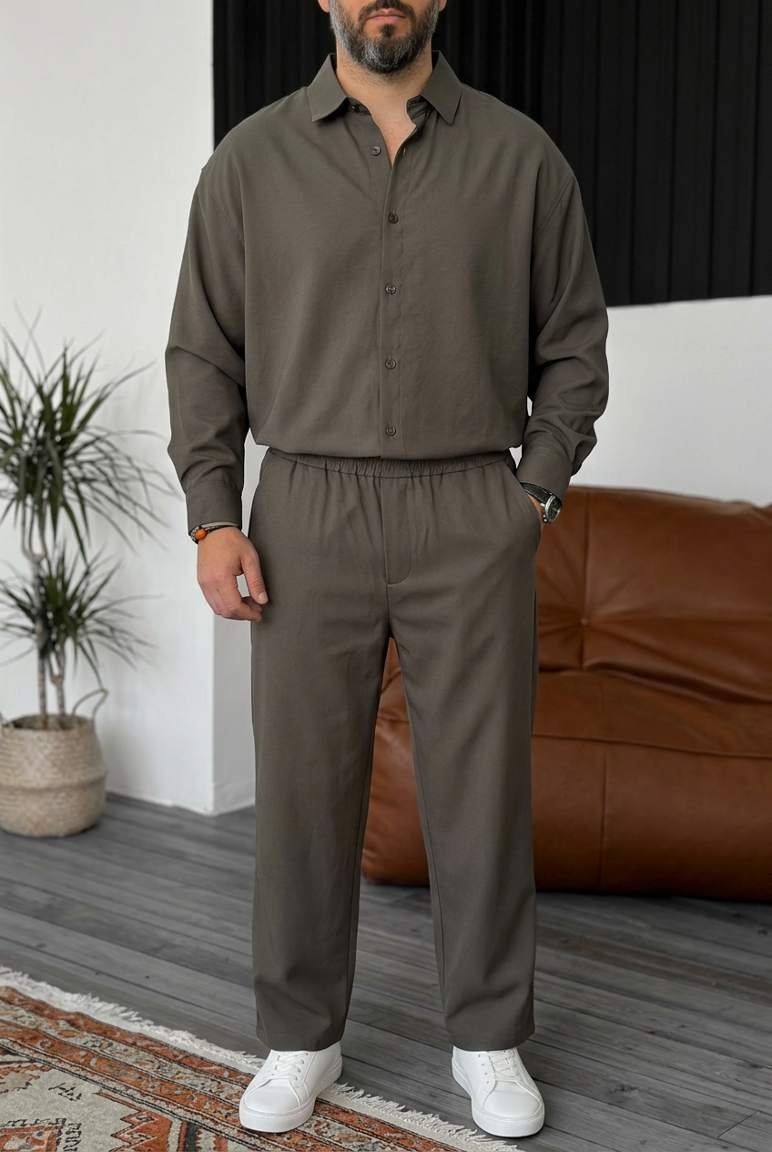 Ανδρικό Σετ Gabardine Oversized με Πουκάμισο & Παντελόνι – Χακί