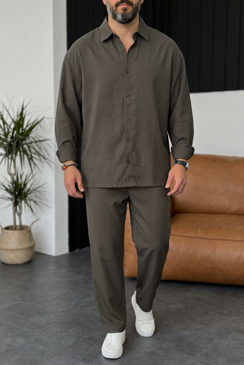 Ανδρικό Σετ Gabardine Oversized με Πουκάμισο & Παντελόνι – Χακί
