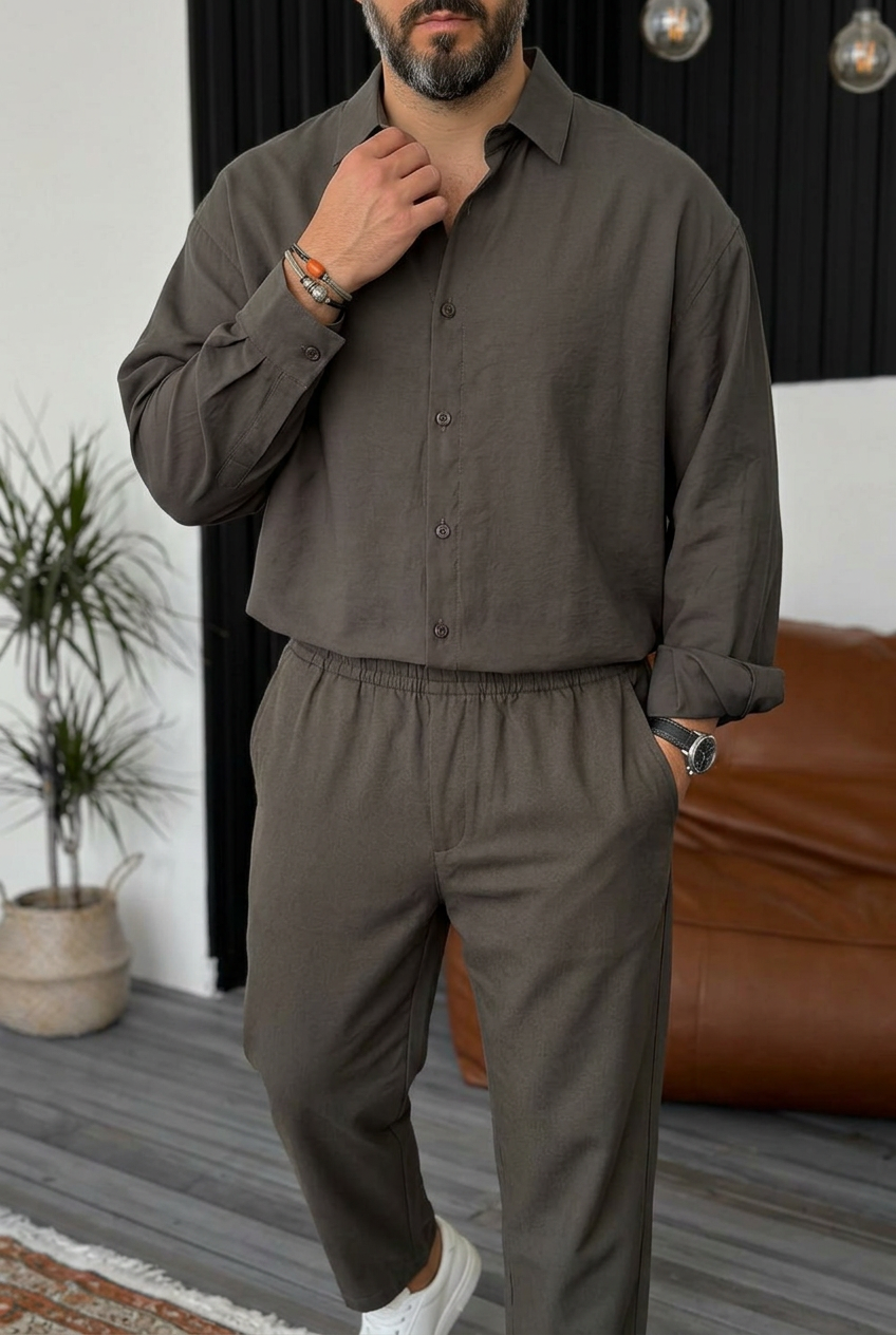 Ανδρικό Σετ Gabardine Oversized με Πουκάμισο & Παντελόνι – Χακί