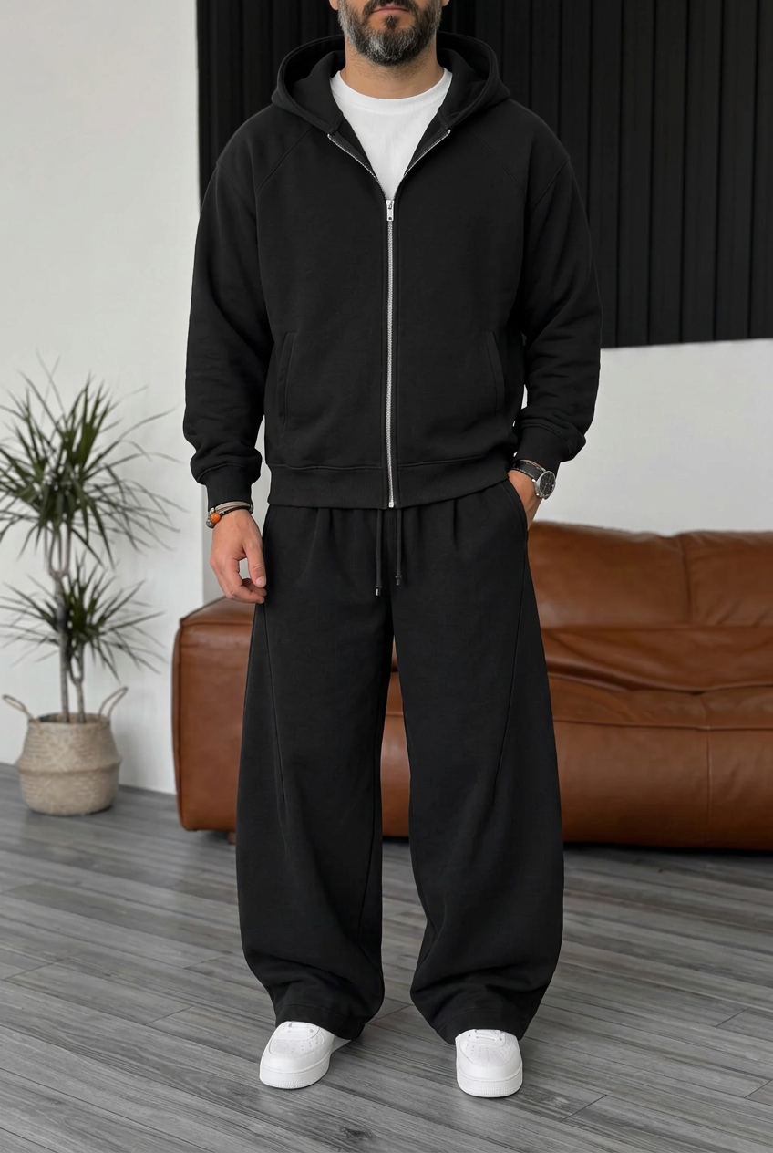 Cotton Baggy Balloon Tracksuit Set with Pleats, Zip & Hood – Black