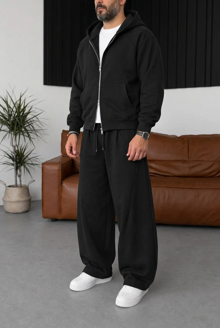 Cotton Baggy Balloon Tracksuit Set with Pleats, Zip & Hood – Black