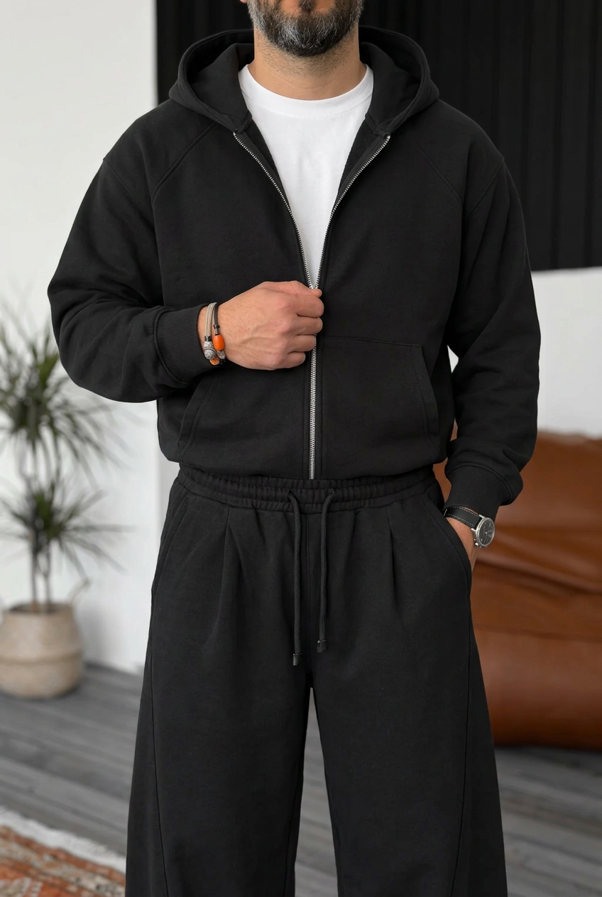 Cotton Baggy Balloon Tracksuit Set with Pleats, Zip & Hood – Black