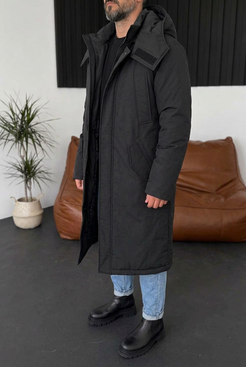 Ανδρικό Μακρύ Parka Jacket με Αποσπώμενη Κουκούλα – Μαύρο