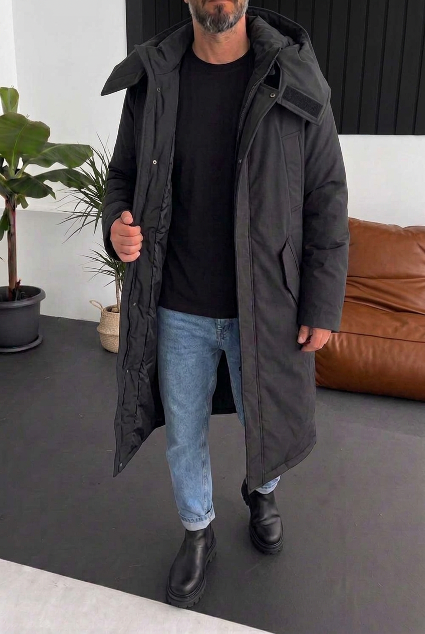 Ανδρικό Μακρύ Parka Jacket με Αποσπώμενη Κουκούλα – Μαύρο
