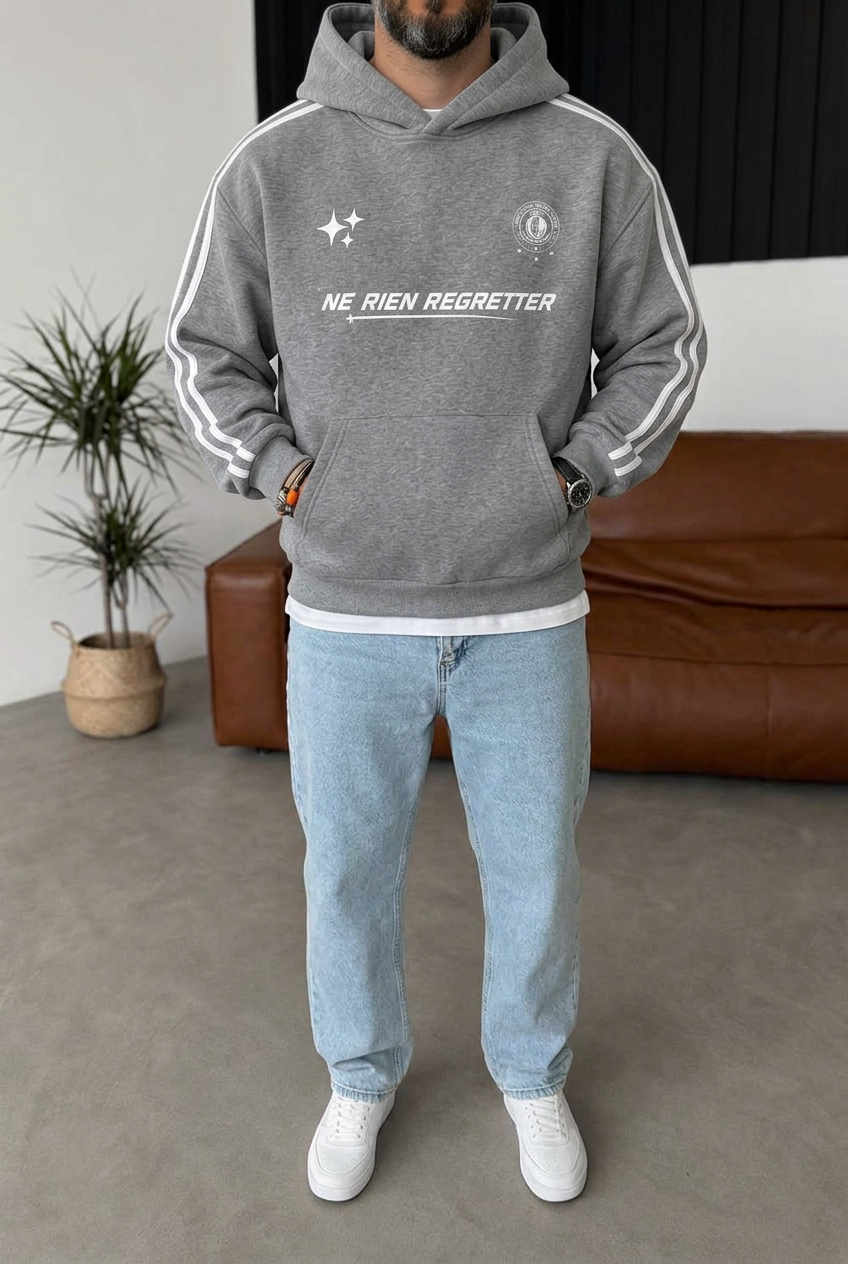 Boxy Fit Hooded Sweatshirt with Stripes & Prints and Inner Lining – Grey