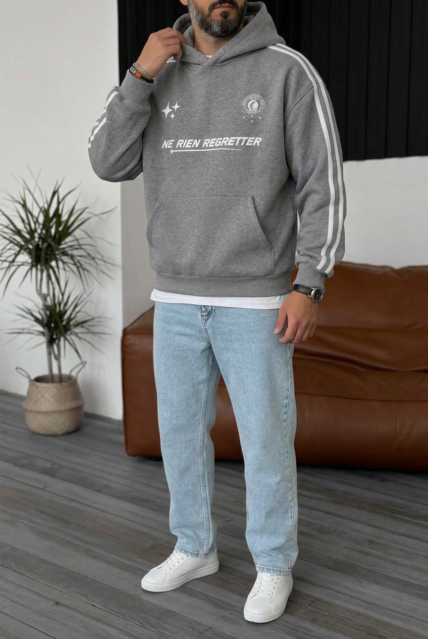 Boxy Fit Hooded Sweatshirt with Stripes & Prints and Inner Lining – Grey