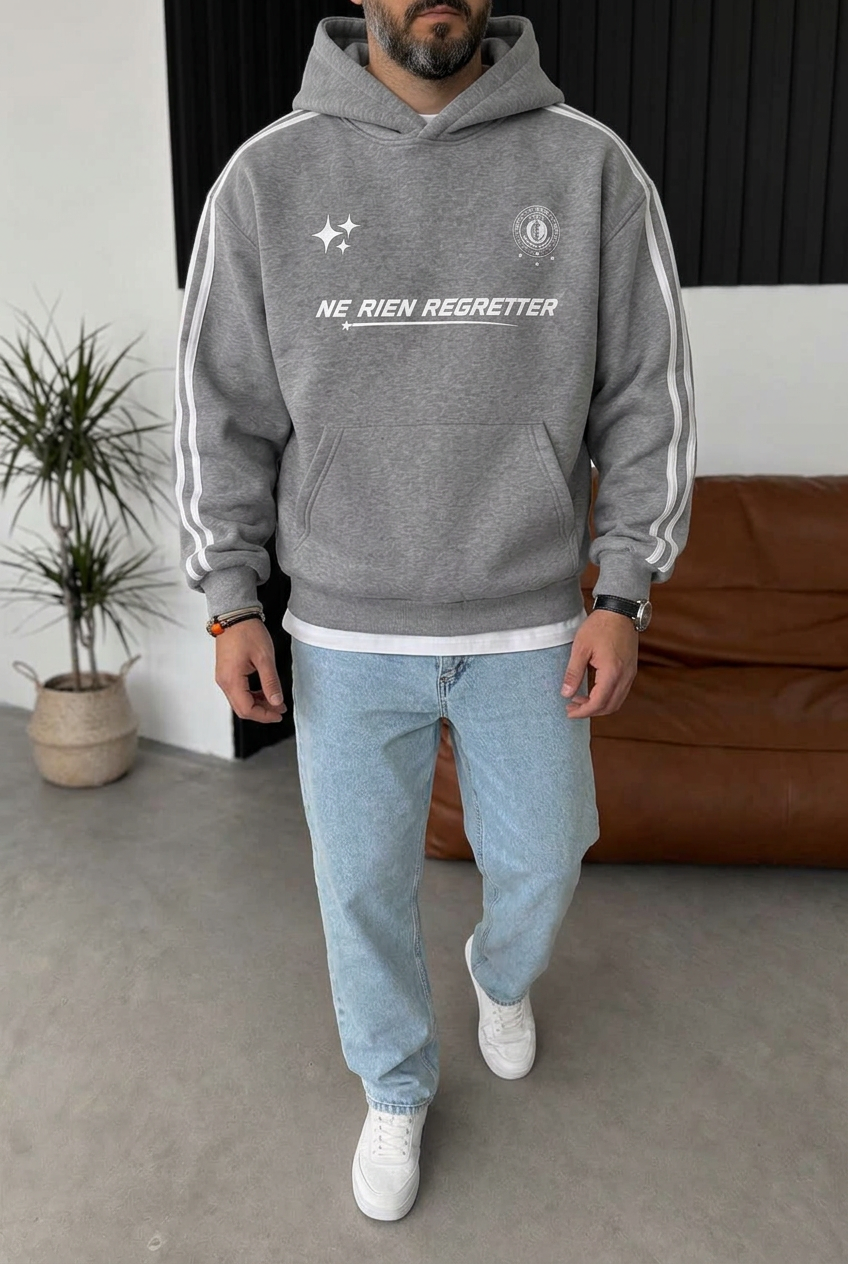 Boxy Fit Hooded Sweatshirt with Stripes & Prints and Inner Lining – Grey