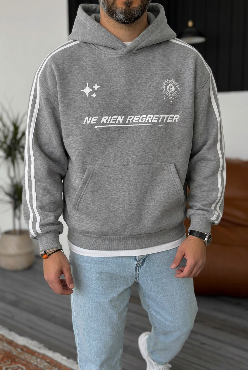 Boxy Fit Hooded Sweatshirt with Stripes & Prints and Inner Lining – Grey
