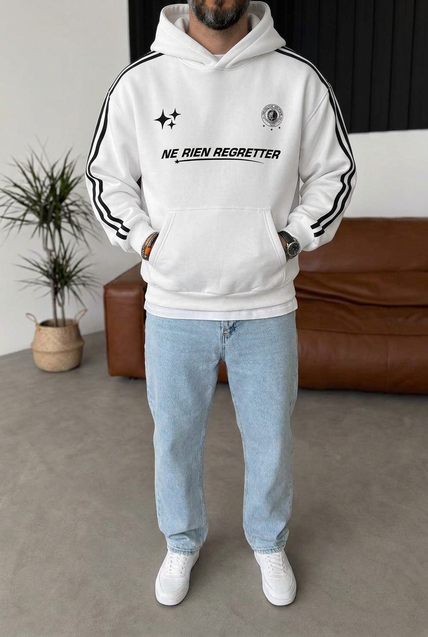 Boxy Fit Hooded Sweatshirt with Stripes & Prints and Inner Lining – White