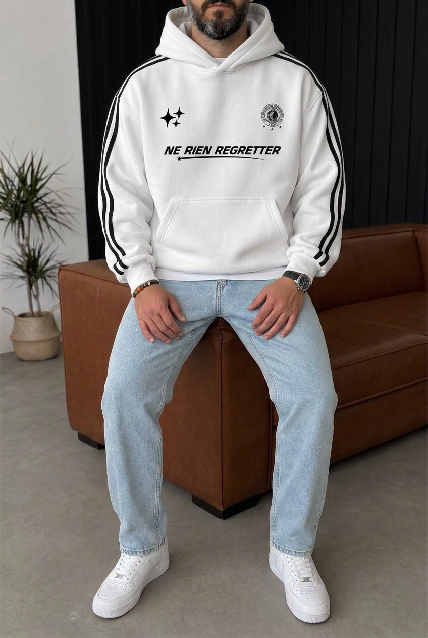Boxy Fit Hooded Sweatshirt with Stripes & Prints and Inner Lining – White