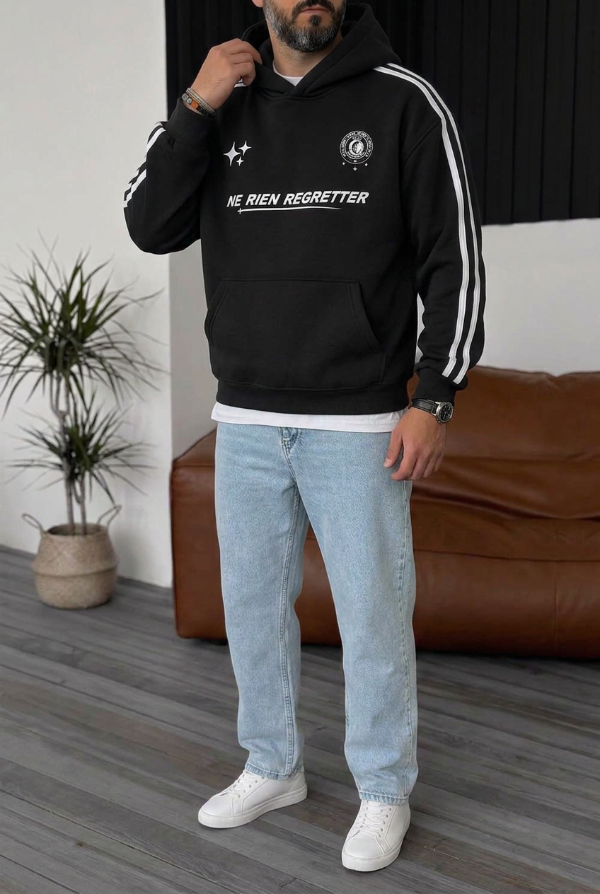Boxy Fit Hooded Sweatshirt with Stripes & Prints and Inner Lining – Black