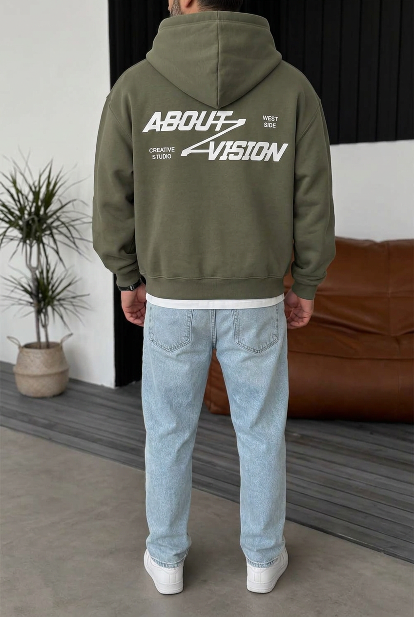 Premium Boxy Fit Hooded Sweatshirt with Vision Prints and Inner Lining – Khaki