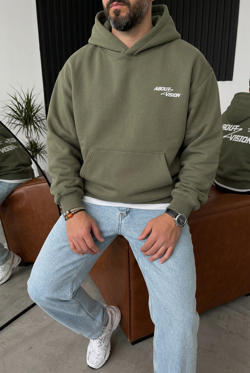 Premium Boxy Fit Hooded Sweatshirt with Vision Prints and Inner Lining – Khaki